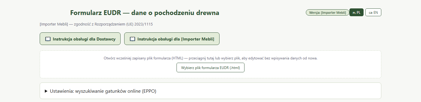 Zrzut ekranu naglowka aplikacji formularza EUDR, nazwa klienta ukryta
