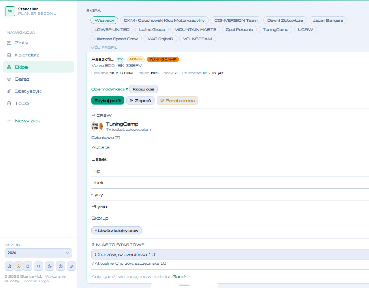Zrzut ekranu aplikacji StanceHub Planner: lista ekip i profil użytkownika