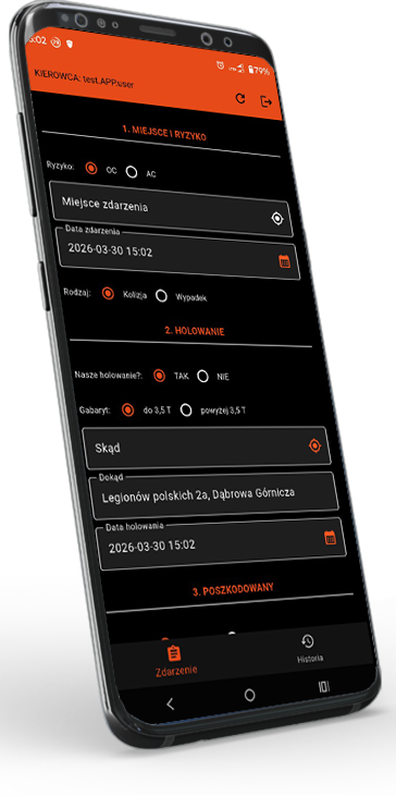 Zrzut ekranu aplikacji tow-me.app na Androidzie - formularz zgloszenia zdarzenia drogowego z GPS