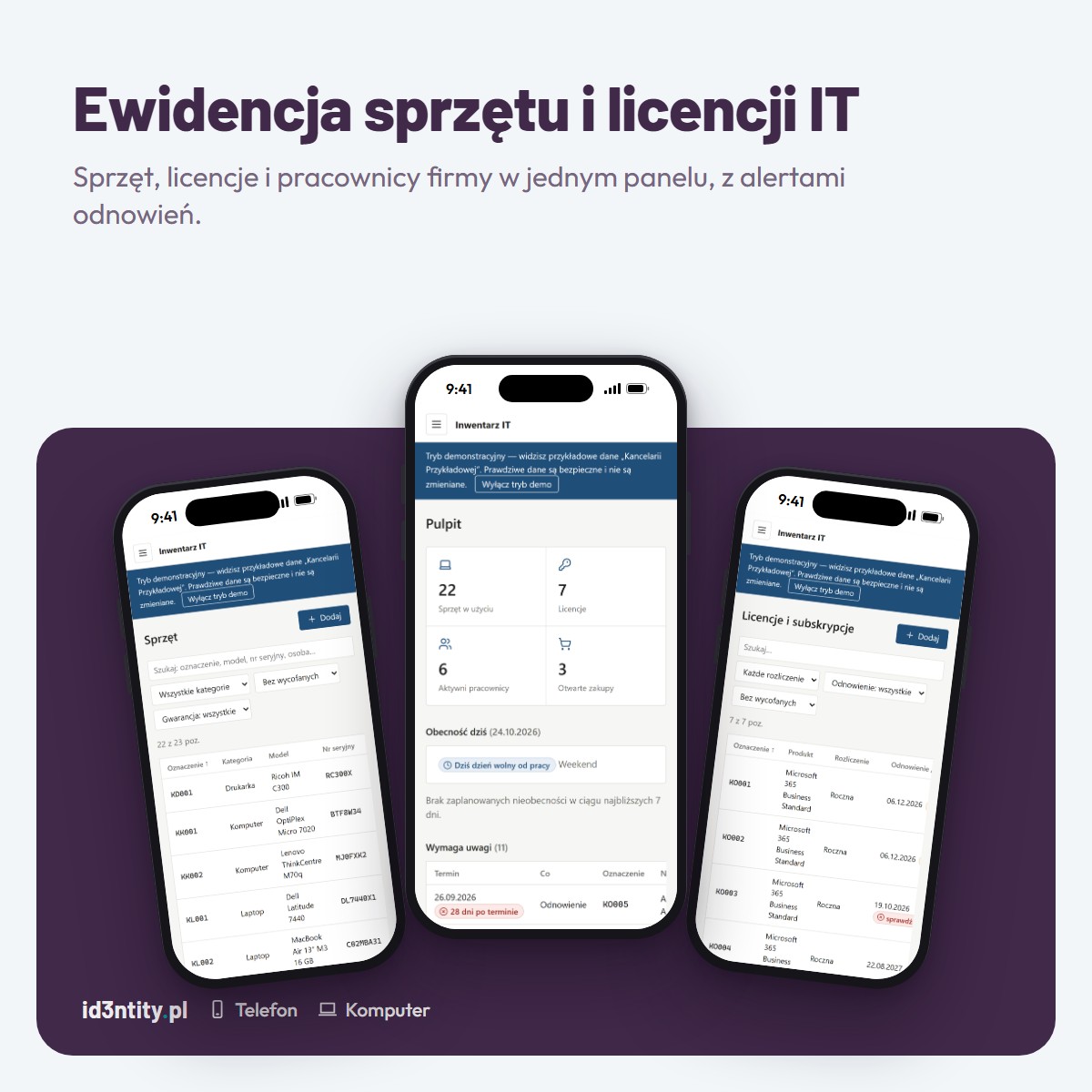Ewidencja sprzętu i licencji IT – Ewidencja sprzętu, licencji i dostawców w jednym panelu, z alertami odnowień i kartą obiegową pracownika.