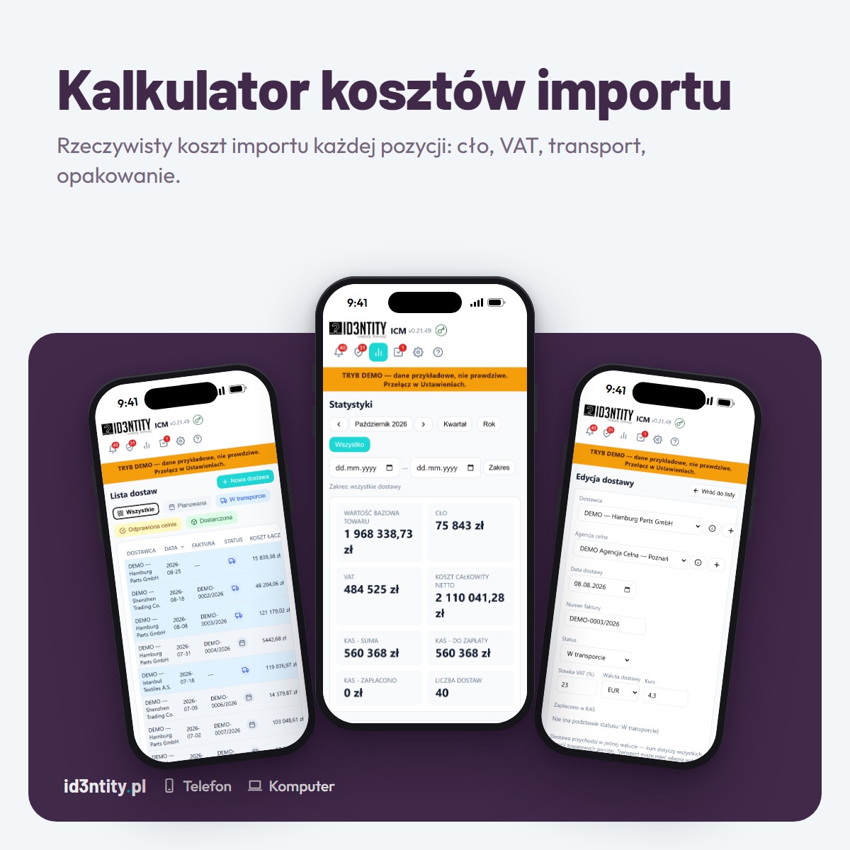 Kalkulator kosztów importu – Wtyczka WordPress z aplikacją PWA, która liczy rzeczywisty koszt importu każdej pozycji towarowej: cło, VAT, transport i opakowanie.