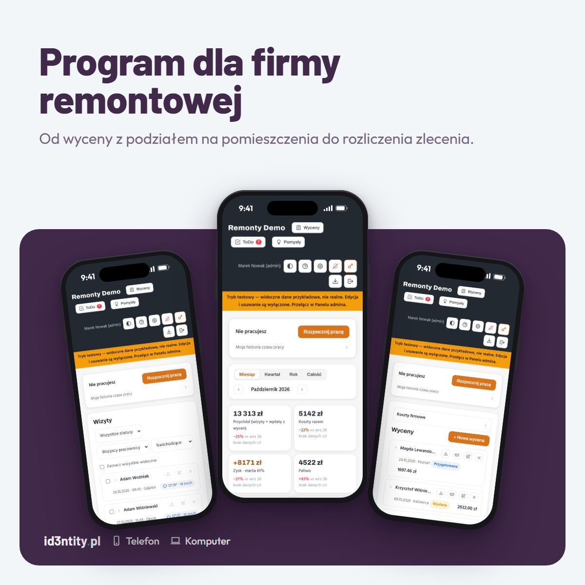 Program dla firmy remontowej – Wyceny z podziałem na pomieszczenia, oferta PDF, zlecenia z etapami, zaliczki i koszty materiałów.