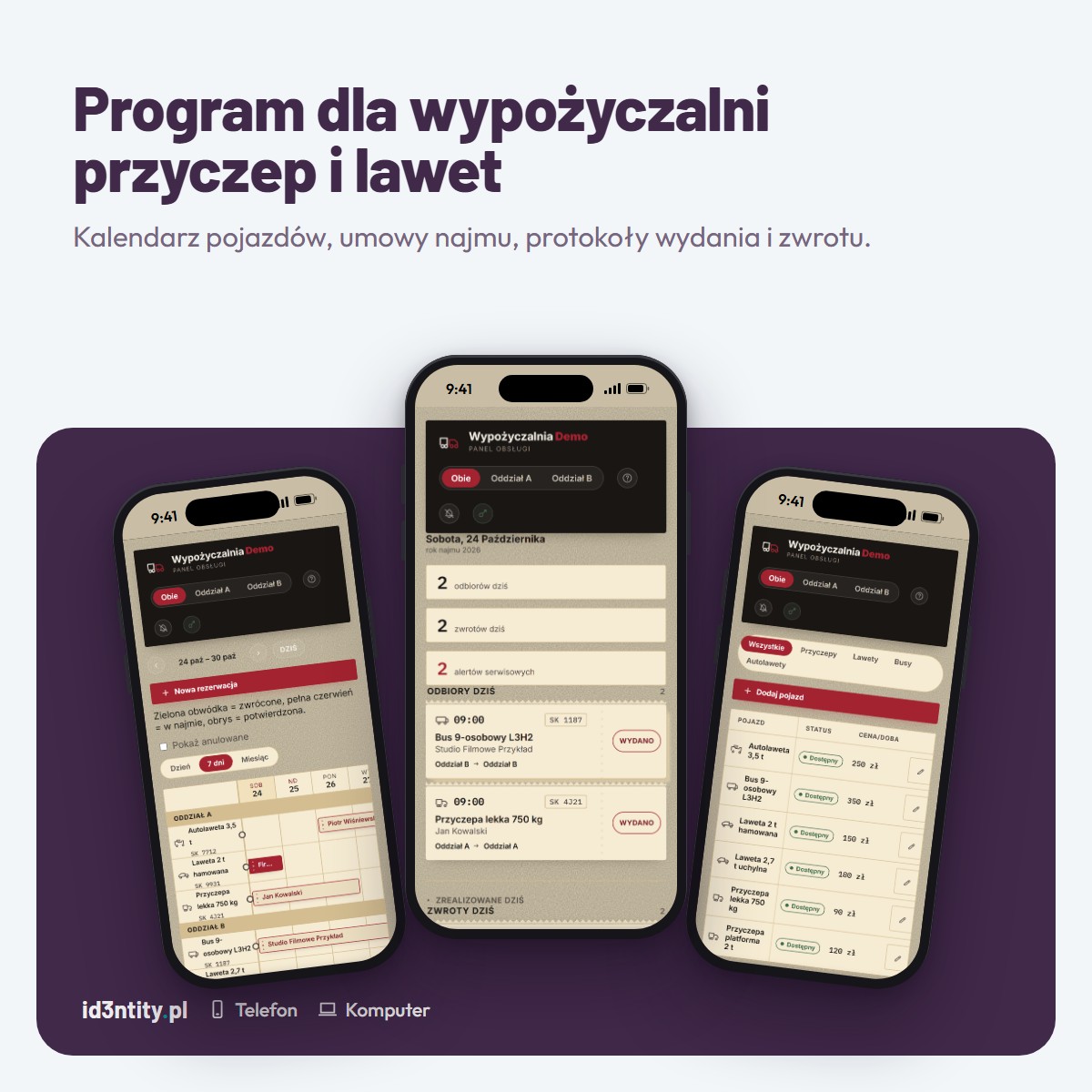 Program dla wypożyczalni przyczep i lawet – Wewnętrzny panel wypożyczalni: kalendarz dostępności, umowy najmu, protokoły wydania i zwrotu, kaucje i przeglądy.