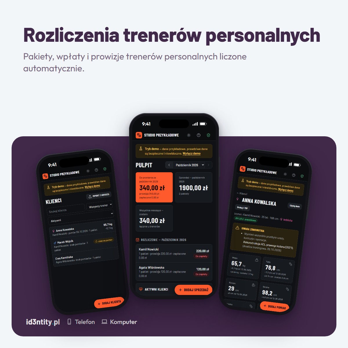 Rozliczenia trenerów personalnych – Sprzedaż pakietów, wpłaty i prowizje trenerów liczone automatycznie, zamiast arkuszy.